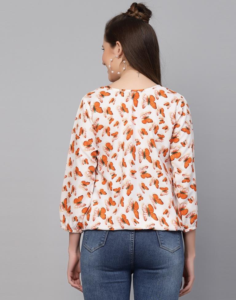 White & Orange Printed Top | Leemboodi