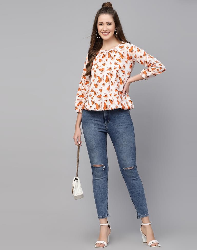 White & Orange Printed Top | Leemboodi