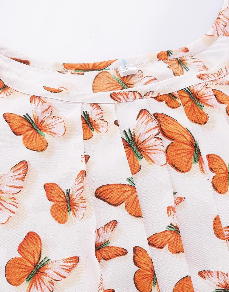 White & Orange Printed Top | Leemboodi