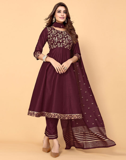 Maroon Silk Embroidery Kurti With Pant And Dupatta | Leemboodi