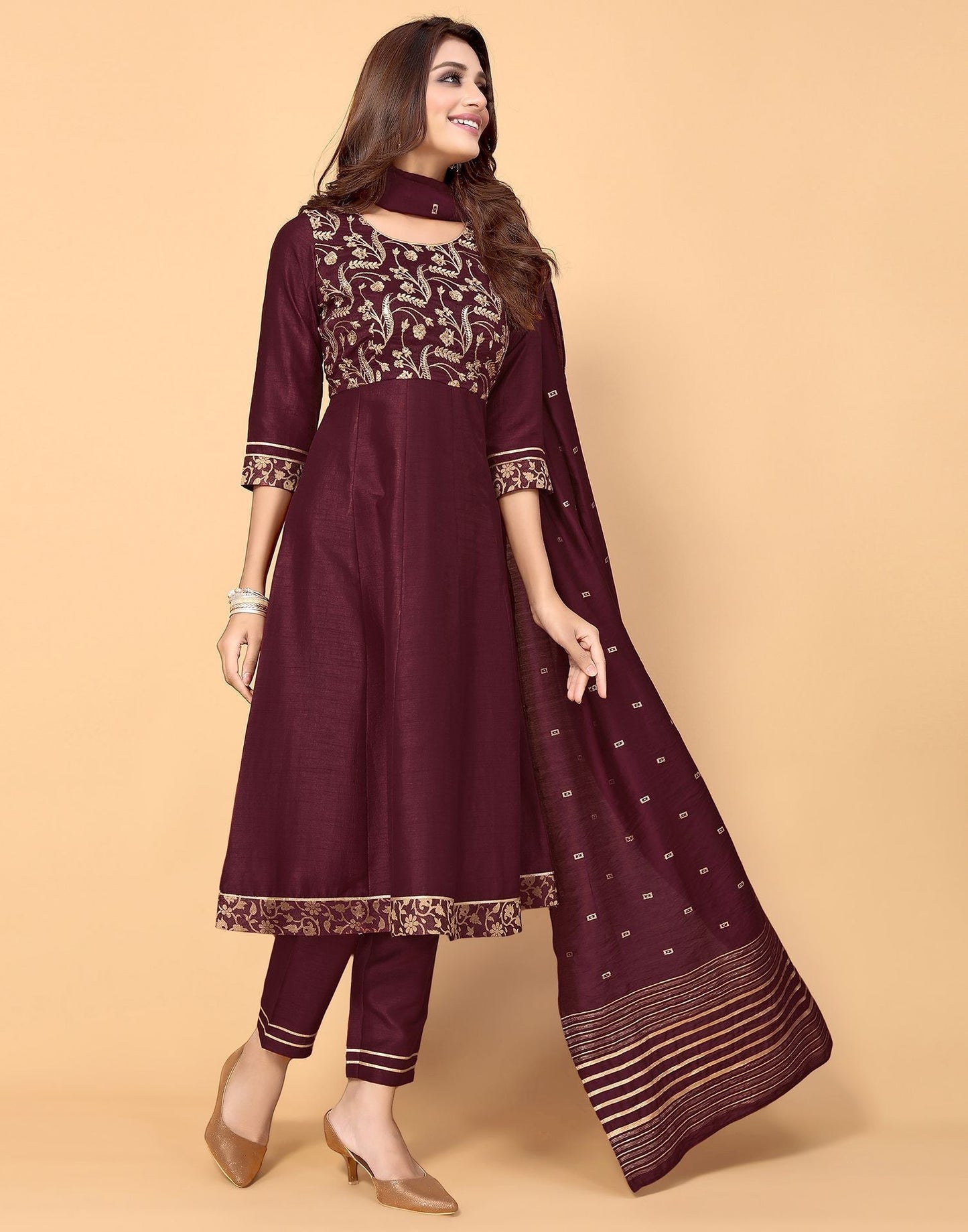 Maroon Silk Embroidery Kurti With Pant And Dupatta | Leemboodi