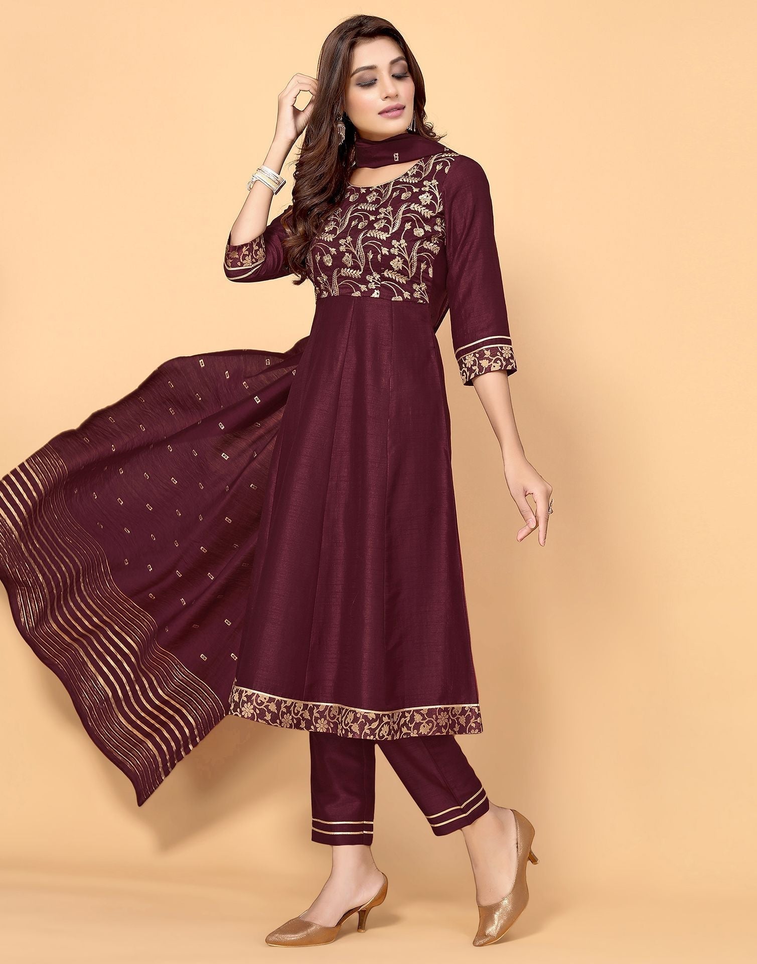 Maroon Silk Embroidery Kurti With Pant And Dupatta | Leemboodi