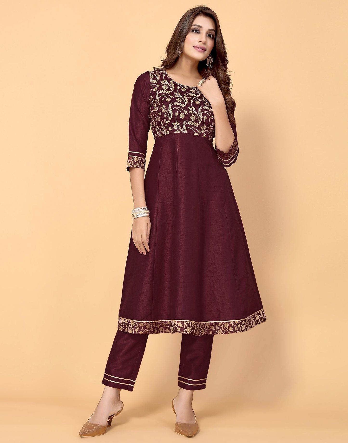 Maroon Silk Embroidery Kurti With Pant And Dupatta | Leemboodi