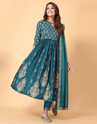 Teal Printed Kurti With Pant And Dupatta | Leemboodi