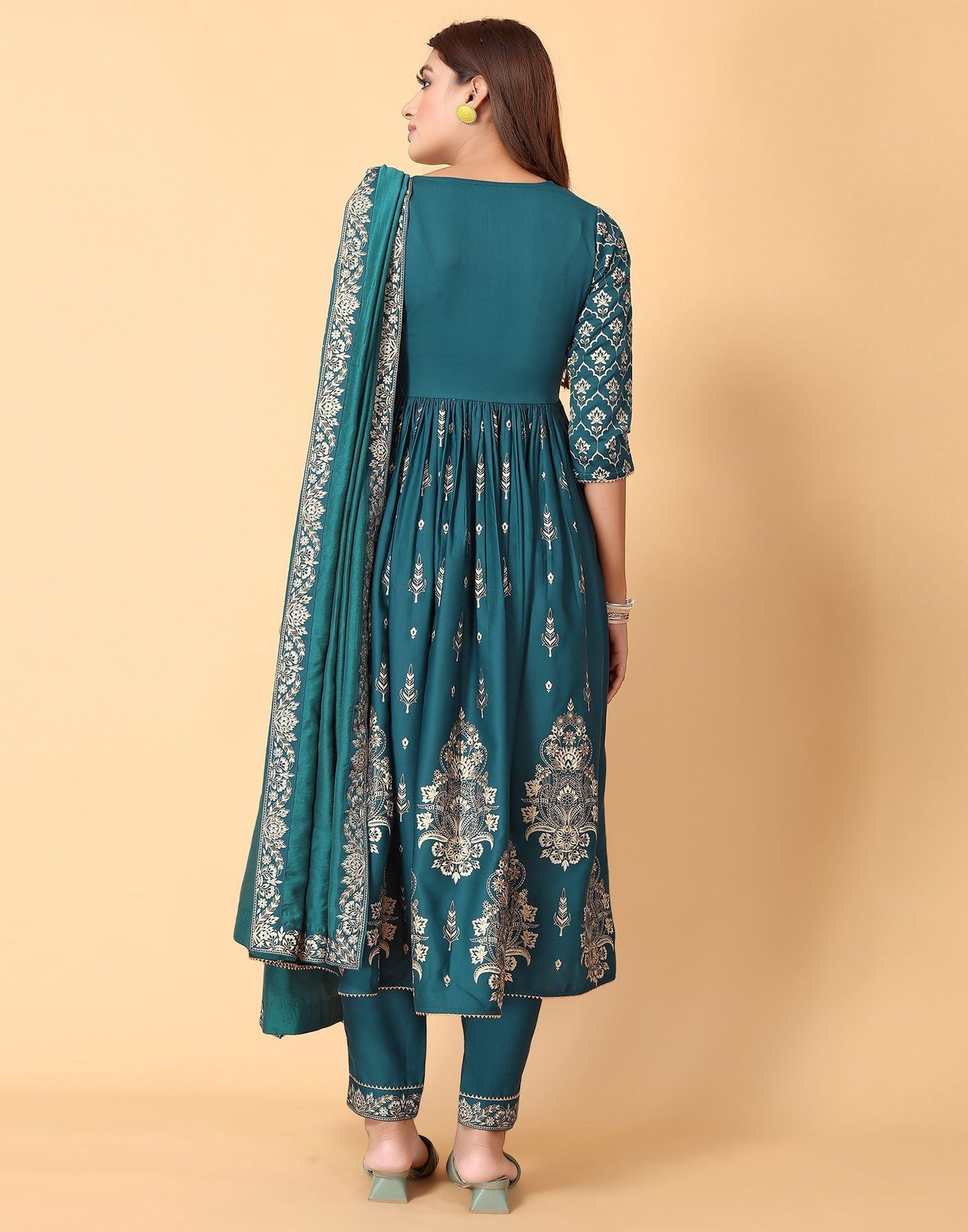 Teal Printed Kurti With Pant And Dupatta | Leemboodi