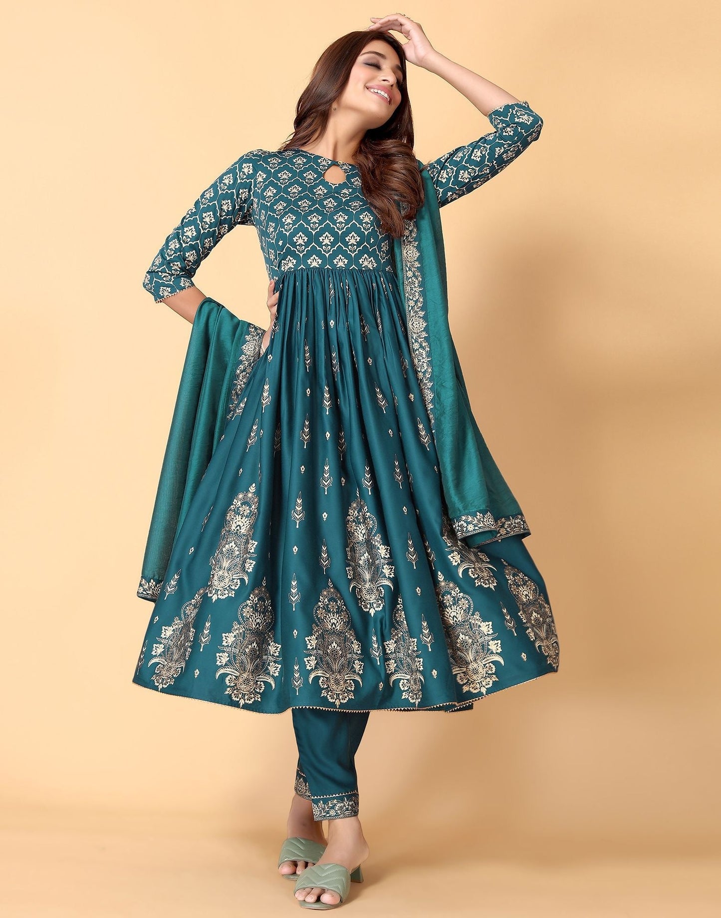 Teal Printed Kurti With Pant And Dupatta | Leemboodi