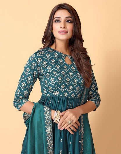 Teal Printed Kurti With Pant And Dupatta | Leemboodi