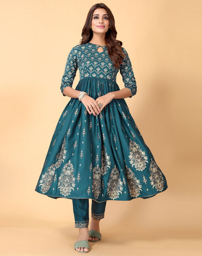 Teal Printed Kurti With Pant And Dupatta | Leemboodi