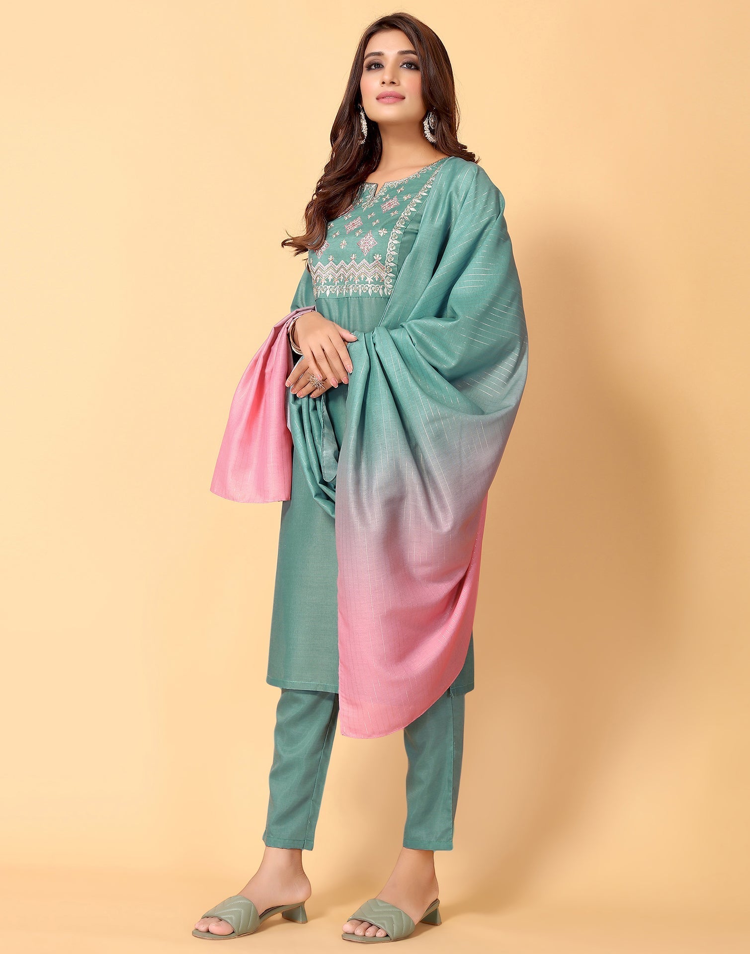 Aqua Blue Kurti With Pant And Dupatta | Leemboodi