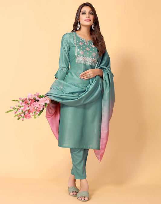 Aqua Blue Kurti With Pant And Dupatta | Leemboodi