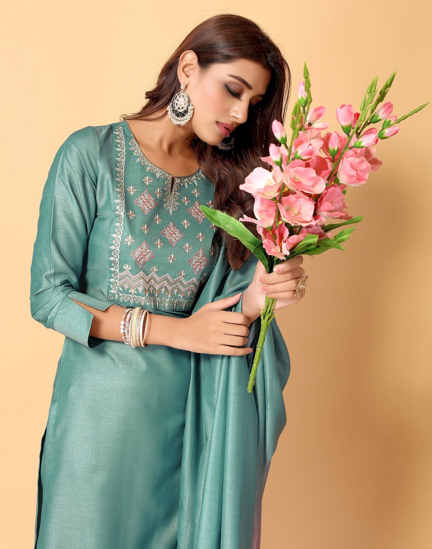 Aqua Blue Kurti With Pant And Dupatta | Leemboodi