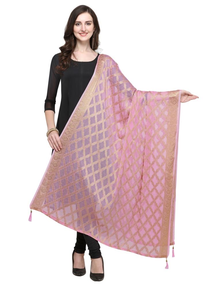 Enticing Pink Coloured Chiffon Jacquard Banarasi Dupatta | Sudathi
