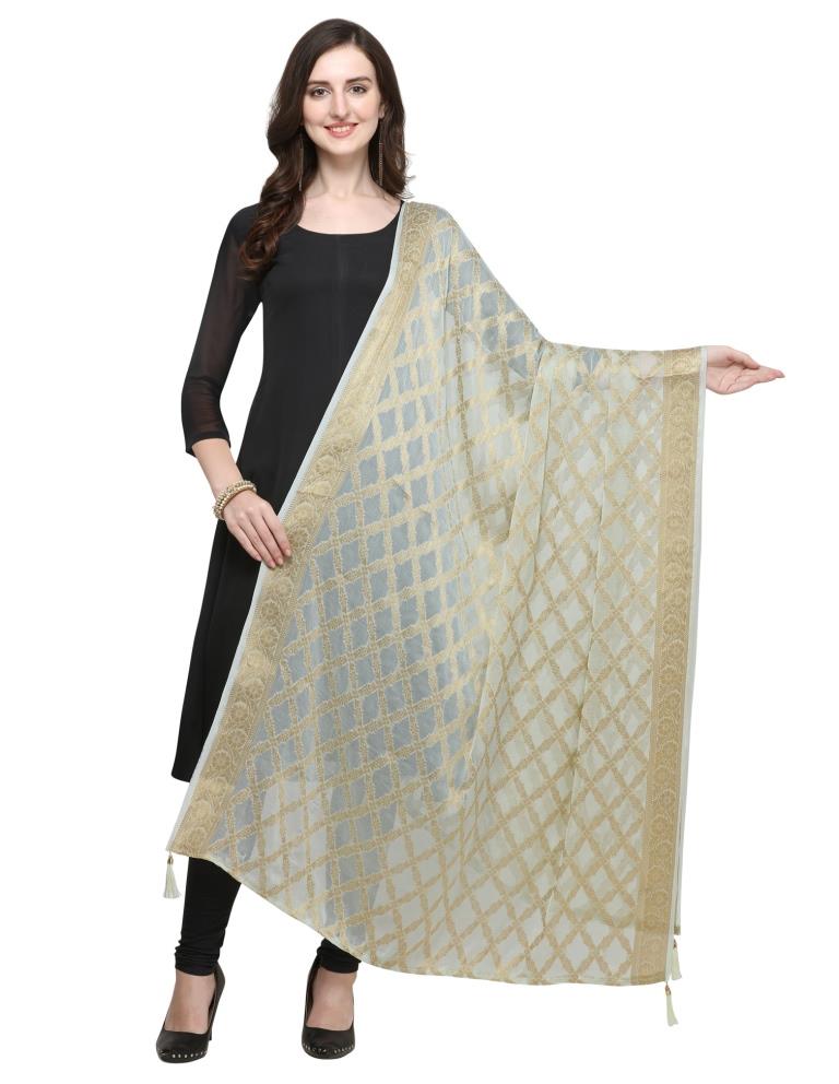 Striking Greenish Grey Coloured Chiffon Jacquard Banarasi Dupatta | Sudathi