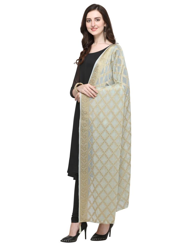 Striking Greenish Grey Coloured Chiffon Jacquard Banarasi Dupatta | Sudathi