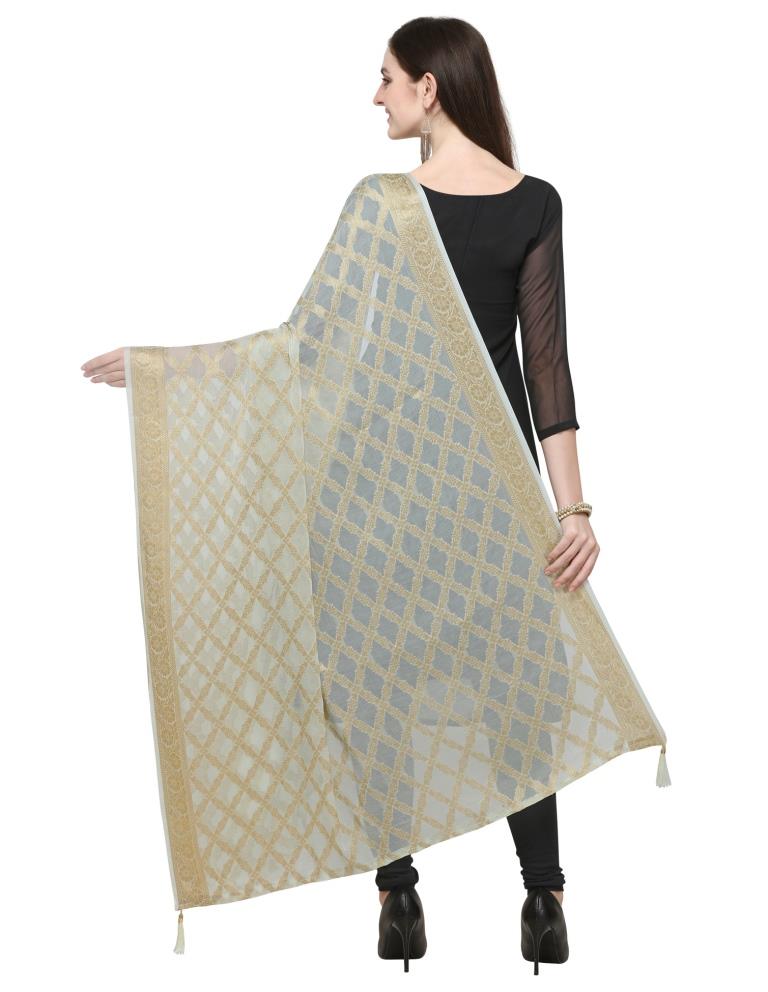 Striking Greenish Grey Coloured Chiffon Jacquard Banarasi Dupatta | Sudathi