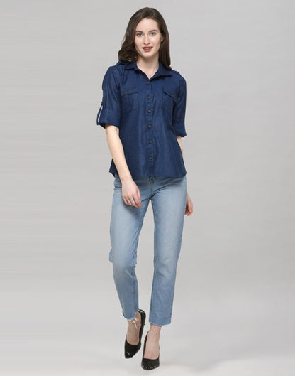 Navy Blue Coloured Plain Denim (Cotton) Shirt | Sudathi