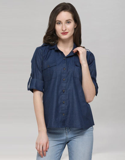 Navy Blue Coloured Plain Denim (Cotton) Shirt | Sudathi