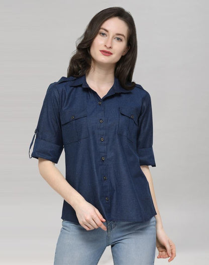 Navy Blue Coloured Plain Denim (Cotton) Shirt | Sudathi