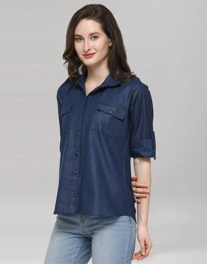 Navy Blue Coloured Plain Denim (Cotton) Shirt | Sudathi