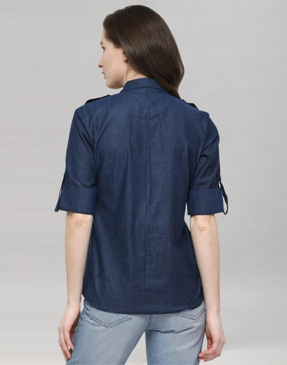 Navy Blue Coloured Plain Denim (Cotton) Shirt | Sudathi