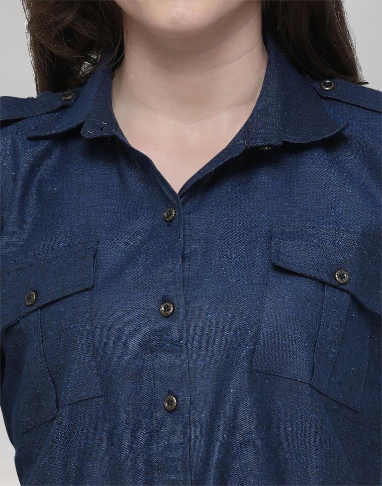 Navy Blue Coloured Plain Denim (Cotton) Shirt | Sudathi