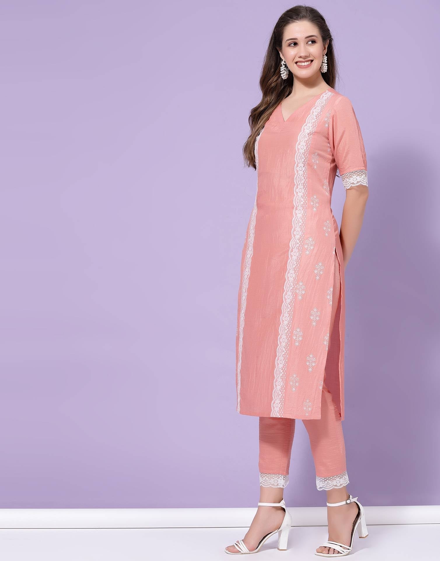 Peach Printed Kurta with Pant Set | Leemboodi