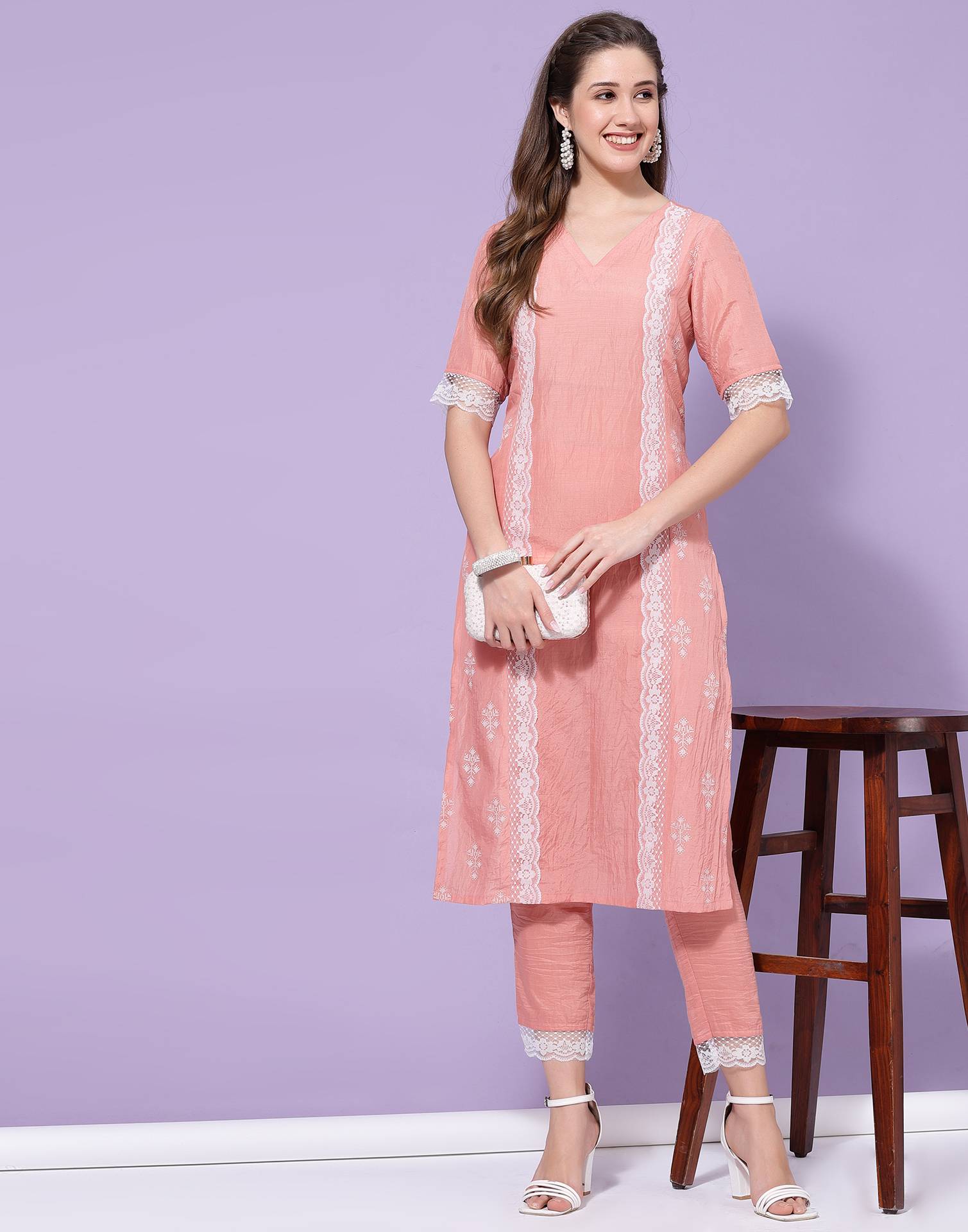 Peach Printed Kurta with Pant Set | Leemboodi