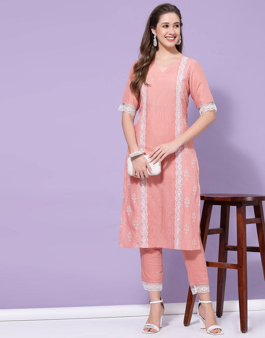 Peach Printed Kurta with Pant Set | Leemboodi