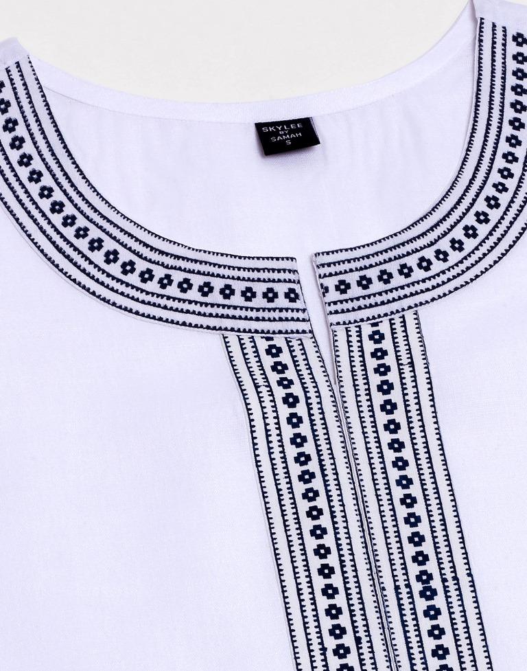 White Printed Cotton Straight Kurta With Pant