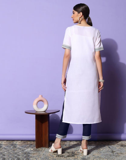 White Printed Cotton Straight Kurta With Pant