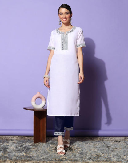 White Printed Cotton Straight Kurta With Pant