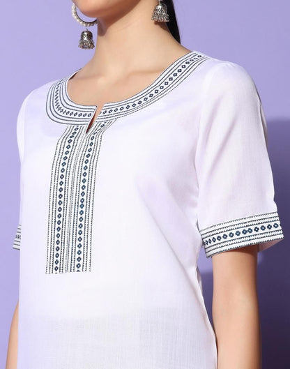 White Printed Cotton Straight Kurta With Pant