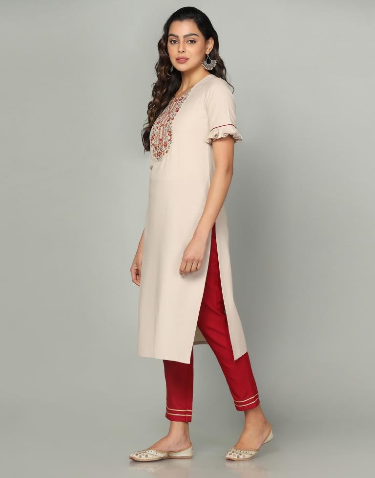 Beige Embroidery Cotton Straight Kurta