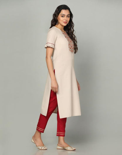 Beige Embroidery Cotton Straight Kurta