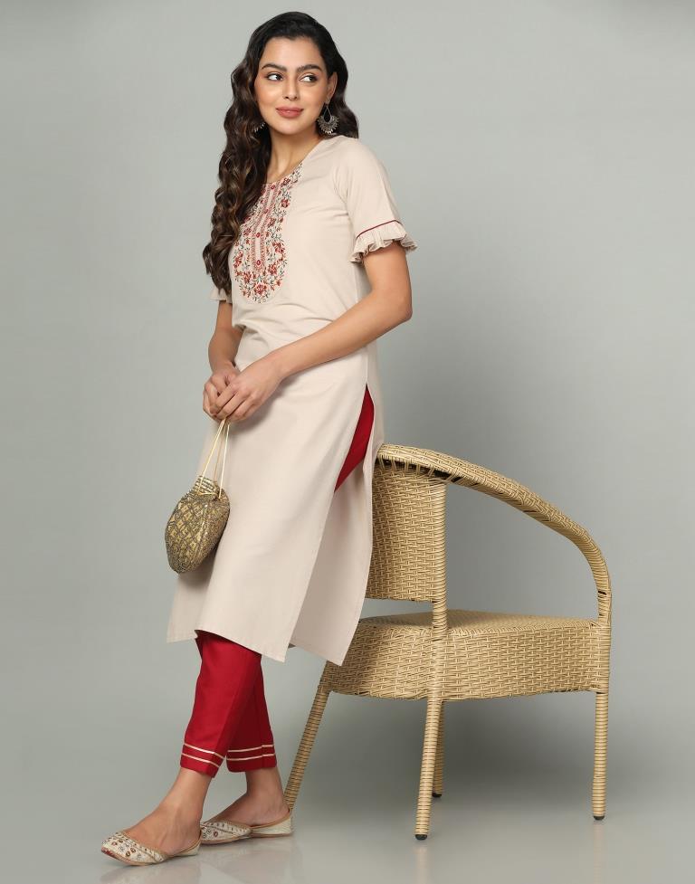 Beige Embroidery Cotton Straight Kurta