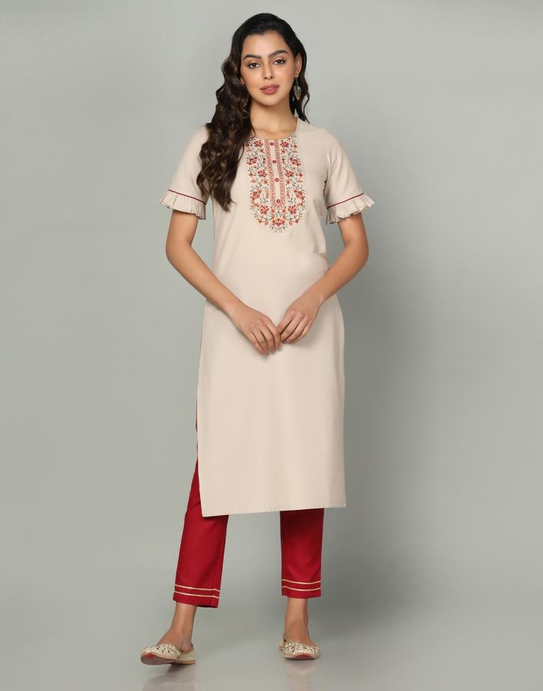 Beige Embroidery Cotton Straight Kurta