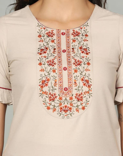 Beige Embroidery Cotton Straight Kurta