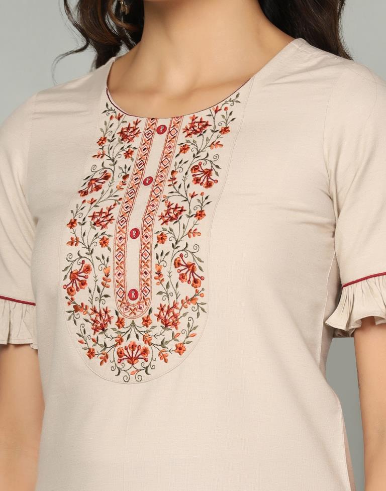 Beige Embroidery Cotton Straight Kurta