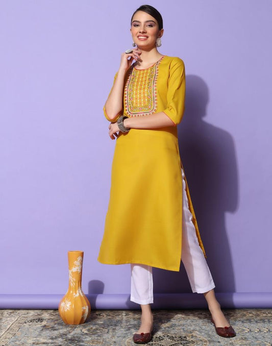 Mustard Yellow Cotton Embroidery Straight Kurta | Sudathi