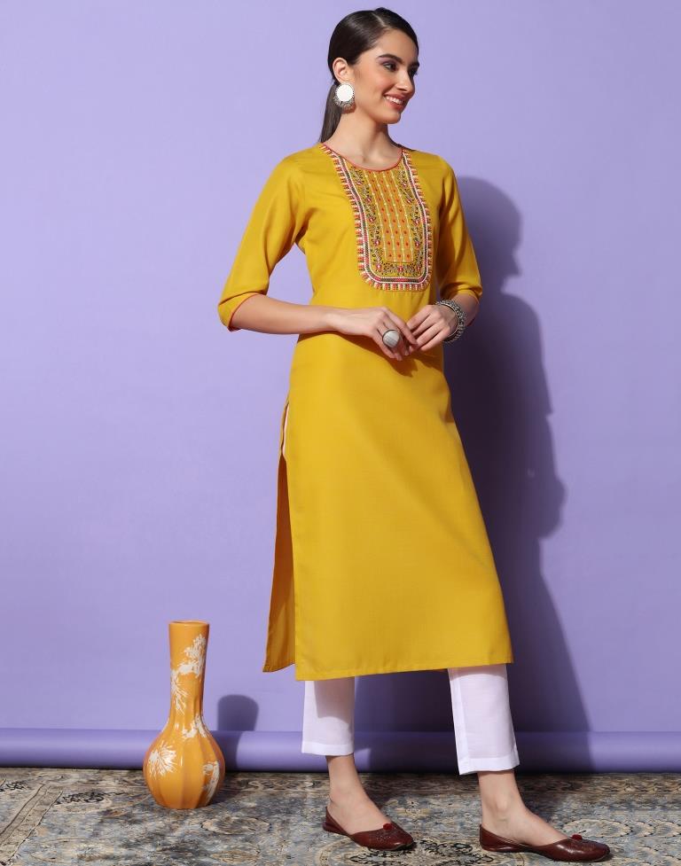 Mustard Yellow Cotton Embroidery Straight Kurta | Sudathi