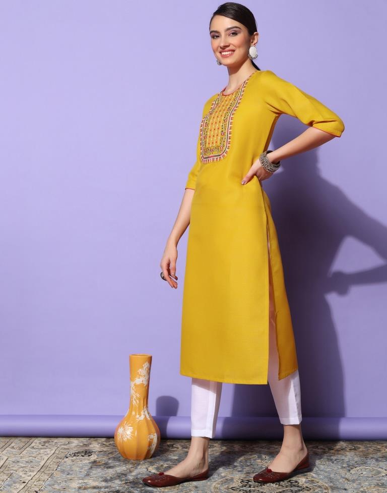 Mustard Yellow Cotton Embroidery Straight Kurta | Sudathi