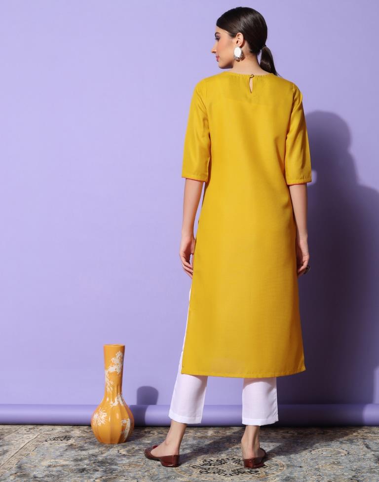 Mustard Yellow Cotton Embroidery Straight Kurta | Sudathi