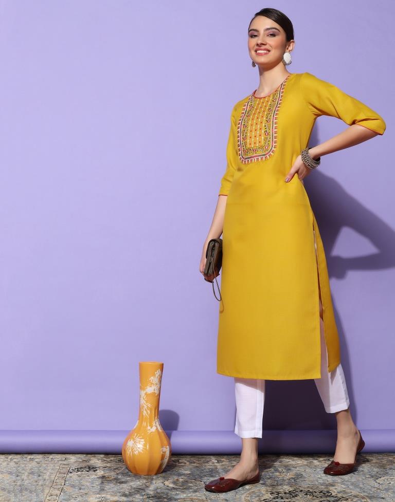 Mustard Yellow Cotton Embroidery Straight Kurta | Sudathi