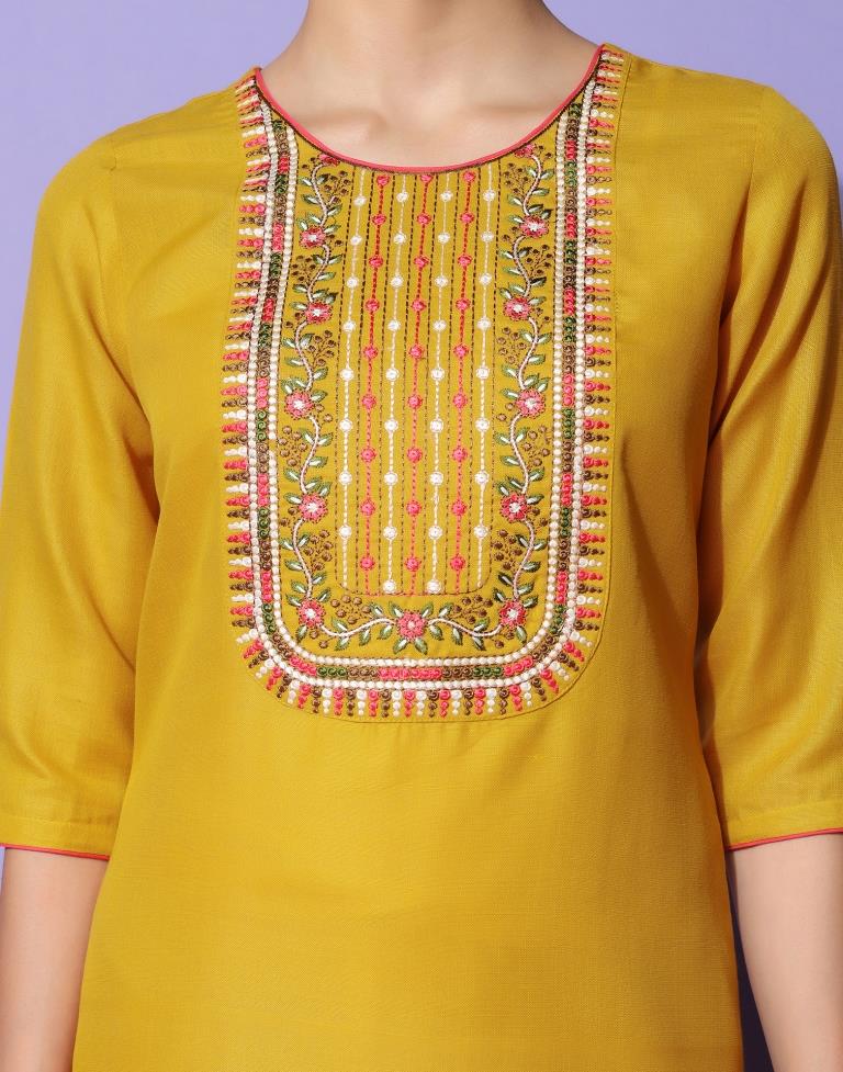 Mustard Yellow Cotton Embroidery Straight Kurta | Sudathi