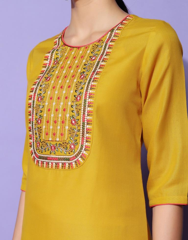 Mustard Yellow Cotton Embroidery Straight Kurta | Sudathi