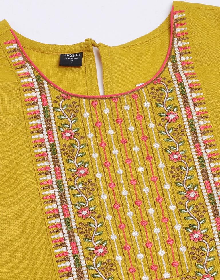 Mustard Yellow Cotton Embroidery Straight Kurta | Sudathi