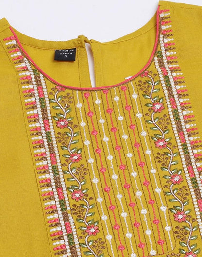 Mustard Yellow Cotton Embroidery Straight Kurta | Sudathi