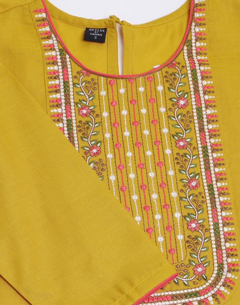 Mustard Yellow Cotton Embroidery Straight Kurta | Sudathi