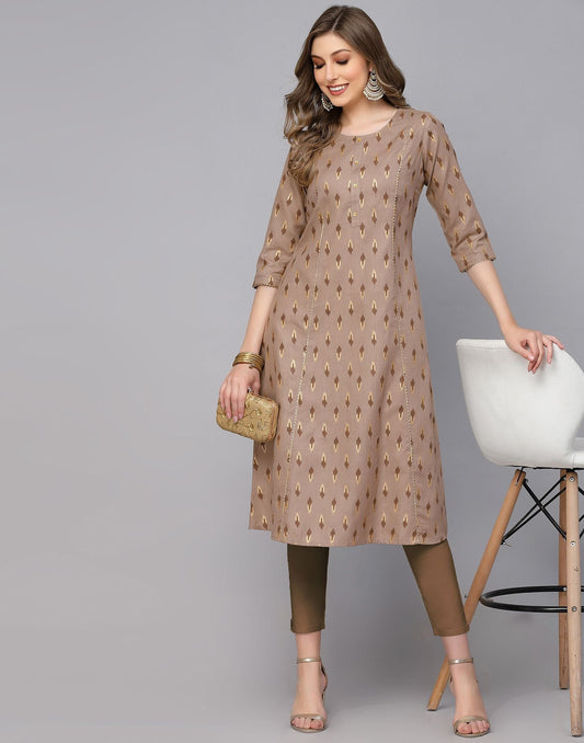 Beige Plain Cotton A-Line Kurta