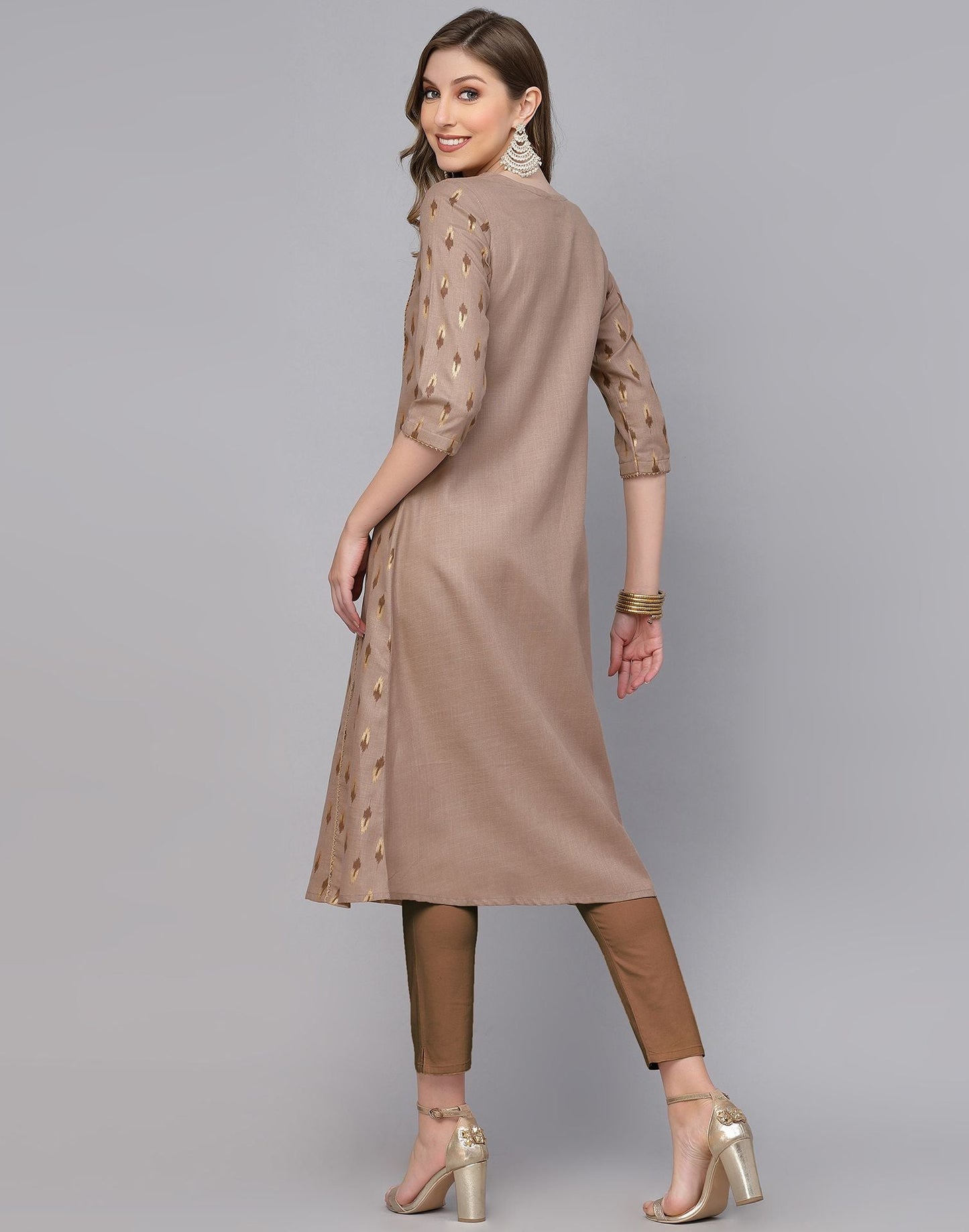 Beige Plain Cotton A-Line Kurta